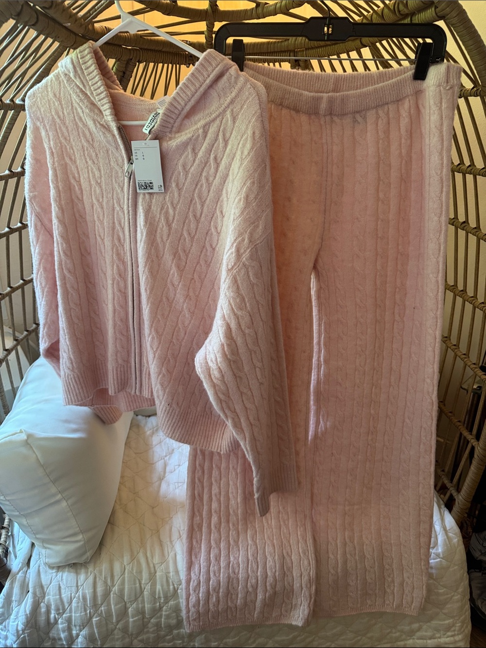 Cozy Cable-Knit Hooded Lounge Set - Light Pink